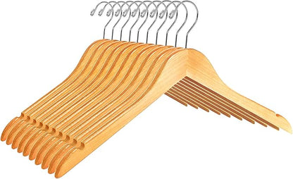 Quality Semi Curved Wooden Suit Hangers, 10-Pack Smooth Finish Solid Wood Coat Hanger with Swivel Hook, Jacket, Pant, Dress Clothes Hangers (Natural, 10)