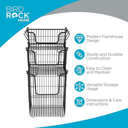 BIRDROCK HOME 3pc Stackable Wire Storage Bins - Fruit Vegetable Organizer - Modern Farmhouse - Pantry Cabinet - Metal Bin for Kitchen Countertop - Bathroom Storage - Black