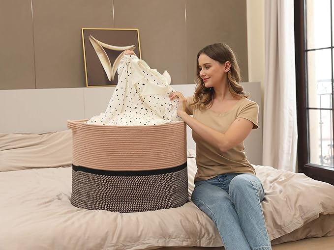 24" x 24" x 17" Max Size Large Cotton Rope Basket, Extra Large Storage Basket, Woven Laundry Hamper, Cloth Storage Bin, for Blankets Clothes Towels Pillows in Living Room, Beige Red/Black Mix