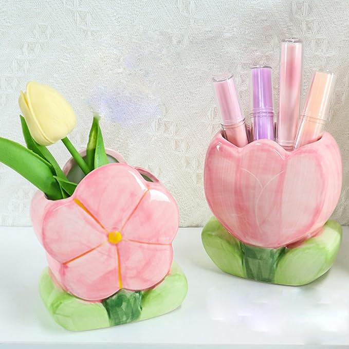 Flower Desk Pen Holder Blue Desk Accessories for Desk Aesthetic Cute Toothbrush Makeup Pencil Holders Office Home Decor Birthday Gifts for Women Vanity Kawaii Kitchen Utensil Holders