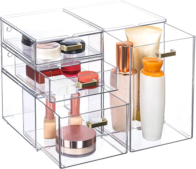 4Pack Stackable Storage Drawers, Clear Plastic Organizer Bins for Bathroom and Office Organization, Perfect for Cosmetic, Beauty Supplies, Accessories