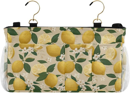 CuwrYet Bedside Caddy Hanging Bunk Bed Caddy Bed Organizer Hanging Pocket with 2 Hooks Bedside Storage Organizer Pocket Bag Holder Beige Lemons and Flowers