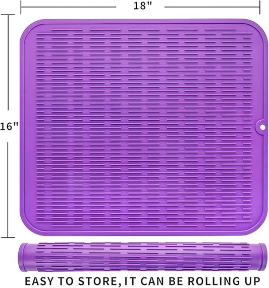Silicone Dish Drying Mat for Multiple Usage,Easy clean,Eco-friendly,Heat-resistant Silicone Mat for Kitchen Counter or Sink,Refrigerator or Drawer Liner Purple XL 18 inches x 16 inches