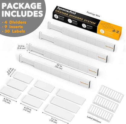 SpaceAid Bamboo Drawer Dividers with Inserts and Labels, Kitchen Adjustable Drawer Organizers, Expandable Organization for Home, Office, Dressers, 4 Dividers with 9 Inserts (17"-22" White)