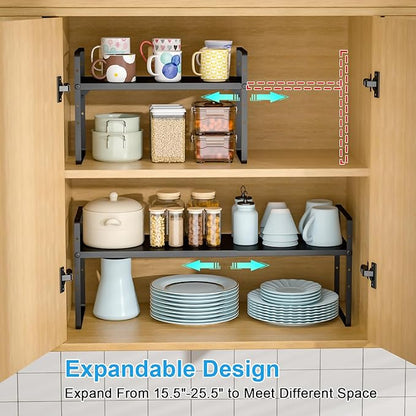 15.5 to 25.5 Inch Kitchen Cabinet Shelf Organizers, Adjustable Kitchen Counter Shelf Organizer, Set of 3 Expandable Countertop Storage Shelves, Stackable Design, 30LBS Heavy Duty, Space Saver
