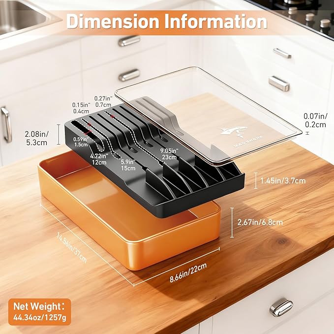 MAD SHARK 2-in-1 Detachable Knife Block & Silverware Organizer, Drawer Knife Holder for 10 Knives, BPA-Free, Blade-Safe Slots, Save Counter Space, Kitchen Drawer or Counter Storage, No Knives