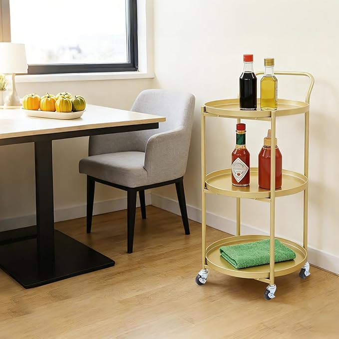 Round 3-Tier Rolling Bar Cart with Locking Wheels, Metal Serving Cart with Handle, 18" x 16" Mobile Organizer for Dining Room, Living Room, Bar (Gold)