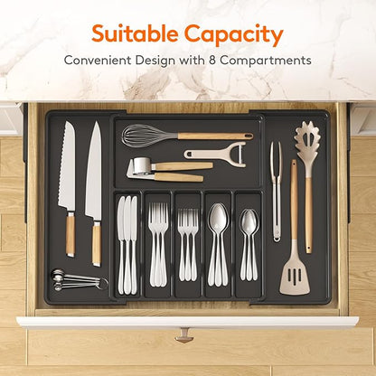 Lifewit Silverware Drawer Organizer, Expandable from 15.4 to 27 inches, Utensil Tray for Kitchen, Adjustable Cutlery Holder, Plastic Flatware Storage for Spoons Forks Knives, Extra Large, Black