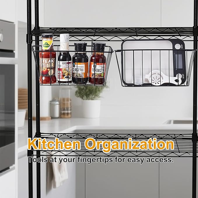 2 Pack Large Grid Wall Baskets with S-Hook - Gridwall Accessories Set Black Metal Hanging Shelf Basket Bins Organizer - Modular Storage Holders for Photo Display Panel Shelving Caddy for Garage
