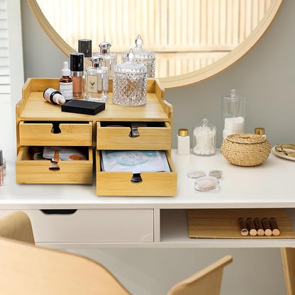 Bamboo Desk Organizer with Drawers, Small 3 Tier Desktop Drawers for Countertop, Mini Tabletop Storage Containers with Anti-scratch Pads for Home Office Supplies Makeup, No Assembly Required