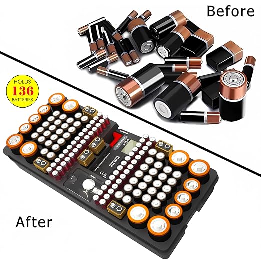 Battery Organizer Storage Case with Tester, Stores & Protects Up to 136 Batteries, Holds AAA AA C D 9V Button Cell with Clear Locking Lid for Home & Garage (Holds 136 Batteries)