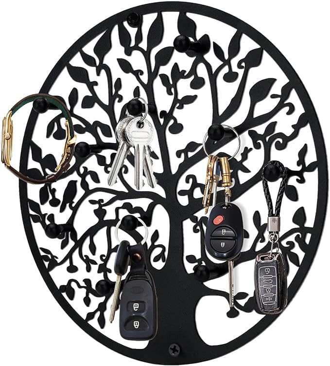 Round Decorative Home Key Holder Wall Mount, Metal Tree Car Key Rack for Wall Organizer for Keys, Wallets, Hats, Used for Decor for House Entryway, Kitchen, Garage, Office (8" Black)