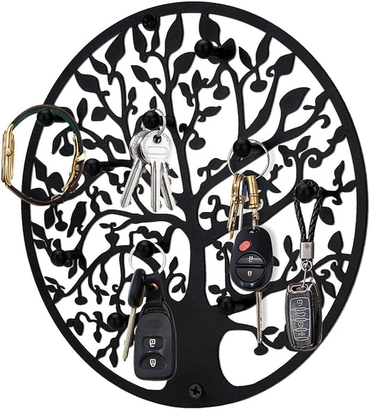 Round Decorative Home Key Holder Wall Mount, Metal Tree Car Key Rack for Wall Organizer for Keys, Wallets, Hats, Used for Decor for House Entryway, Kitchen, Garage, Office (8" Black)