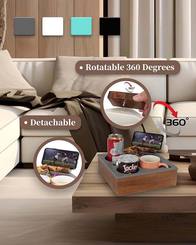 Couch Cup Holder Tray, Handy Soft Silicone Acacia Wooden Couch Caddy for Bed Car Seat Beach Organizer, Waterproof Anti-spill Couch Drink Holder for Snacks Beverage Remote (Gray)