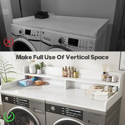 2-Tier Washer and Dryer Countertop with 2.75" H Guard,58" W x 28" D Laundry Countertop Cover with Non-Slip Pad,Large Space Laundry Topper for Folding Clothes Over Washer and Dryer-White