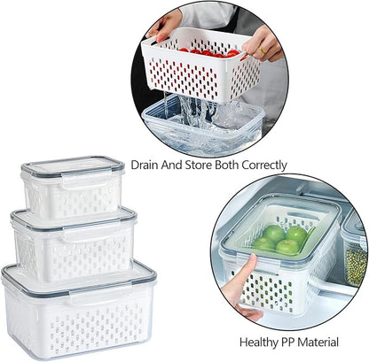 Lizbin 3 PCS Fruit Storage Containers for Fridge with Removable Colander, Leak proof Food Storage Containers, Airtight Food Storage Containers, Food Storage Container with Lids, Keep Food Meat Fresh