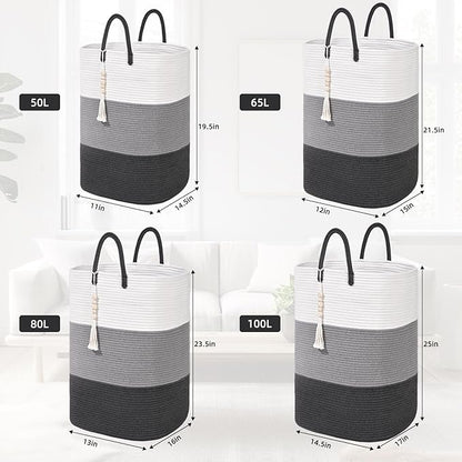 Woven Laundry Basket for Clothes,65 L Large Rectangle Laundry Hampers with Beads Tassel, Nursery Storage Basket for Toys, Tall Dirty Clothes Hamper for Bedroom Aesthetic, Laundry Room Organization