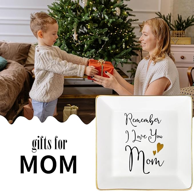 Tijeyi Mom Gifts from Sister Mothers Day Gifts Birthday Gifts for Mum Christmas Thanksgiving Gift Female Small Unique Trinket Tray Ceramic Jewelry Dish Ring Holder,Remember I Love You Mom