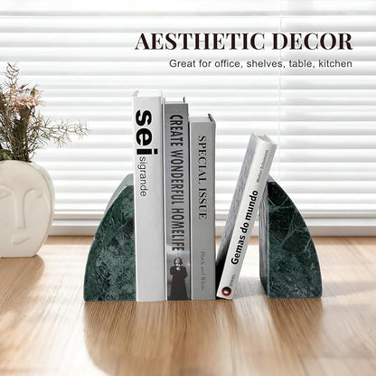 Koville Marble Bookends for Shelves, 8Lbs Large Stone Bookends for Heavy Books, Non-Slip Heavy Duty Book Stopper, Modern Decorative Book Ends for Bookshelf Table Home Decor(Green)
