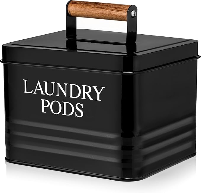 Calindiana Modern Farmhouse Metal Laundry Pods Holder with Lid - Space Saving Organization, Holds 81 Pods, Black