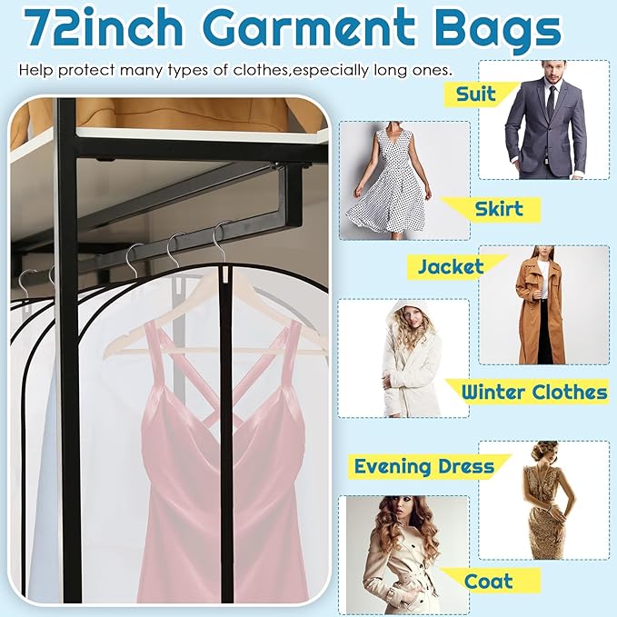 Amylove 20 Pcs 72/60/40 Inch Clear Garment Bags for Hanging Clothes, Dress, Gown, Coat & Suit Storage Bags with Zipper - Dustproof Cover for Closet Clothes Storage Travel(24 x 72 Inch)