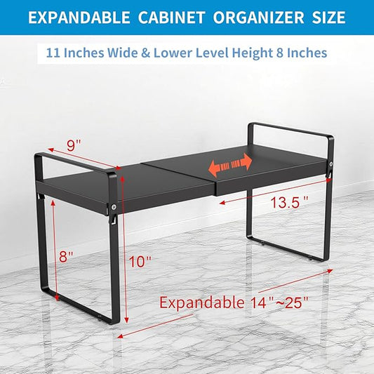 Expandable Cabinet Shelf Organizer 14-25 Inch Adjustable Length, 9" Wide 2-Tier (8" Bottom Layer) Metal Storage Rack for Kitchen Pantry, Under Sink Countertop - Heavy Duty Black(2 Pack)