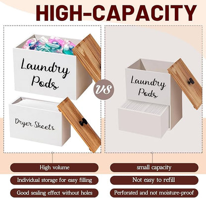 Dandat 4 Pcs Laundry Room Organization and Storage, Dryer Sheet Holder Laundry Pod Holder Scent Booster Container Magnetic Lint Bin with Scoop and Brush Wood Farmhouse Room Container(White)