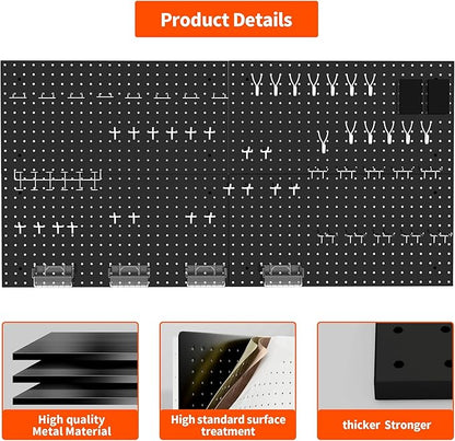 Peg Board Wall Organizer, 24"x48" Black Metal Pegboard Organizer, 4 Metal Pegboard Panels with 63 Accessories, Wall Mount Large Peg Board Kit with Hooks, Bins for Home, Office, Garage, Gaming