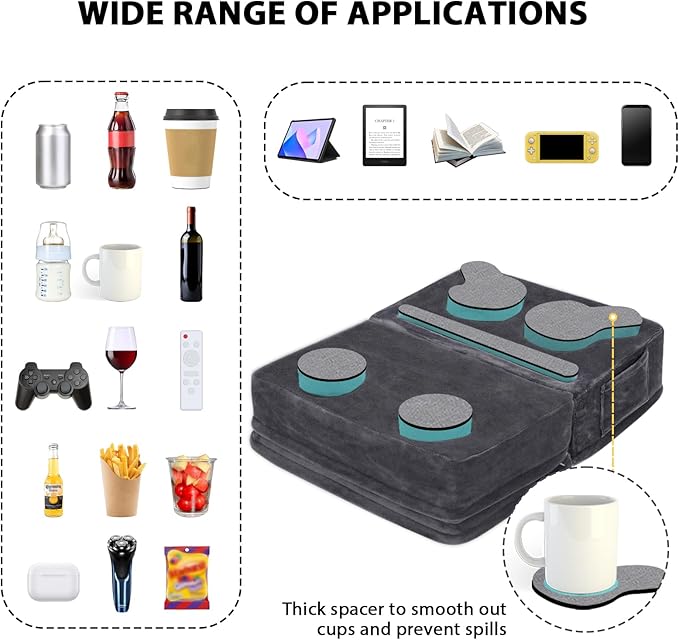Couch Cup Holder Tray Pillow, Large Sofa Organizer Caddy with 6 Holes and Side Pocket Bed Refreshment Tray for iPad, Drinks, Remotes, Phones, Snacks, Removable & Washable (Grey)