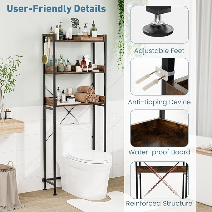 LOKO 3-Tier Over The Toilet Storage Rack, Bathroom Space Saver Shelf, Freestanding Above Toilet Organizer with 4 Hooks, Anti-Tipping Device, Metal Frame Toilet Rack for Balcony Laundry (Brown+Black)