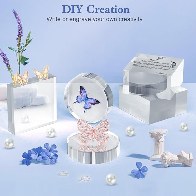 Acrylic Blocks 3 X 3 X 1 Inch 4 Pcs Acrylic Base Stand for Display Clear Block Round Riser Display Stands Pedestal Polished Cube for Jewelry trophy Props Collection Ring