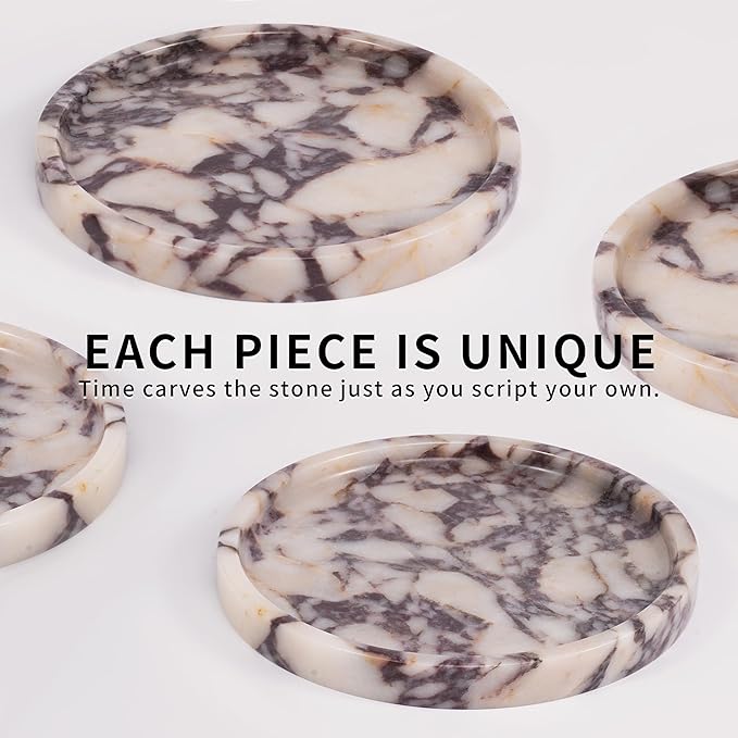 LWALMS Round Marble Perfume Tray - Stone Jewelry Holder Dish, Trinket Ring Key Purse Plate Decorative Bowl for Nightstand Entryway Coffee Table Decor (7.9 inch)