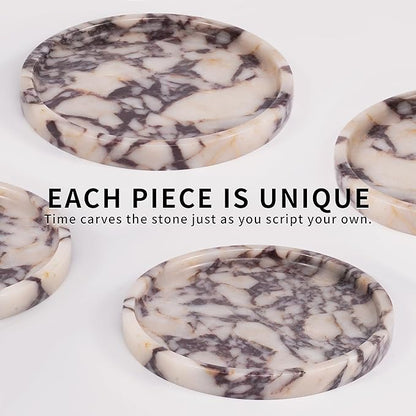 LWALMS Round Marble Perfume Tray - Stone Jewelry Holder Dish, Trinket Ring Key Purse Plate Decorative Bowl for Nightstand Entryway Coffee Table Decor (7.9 inch)