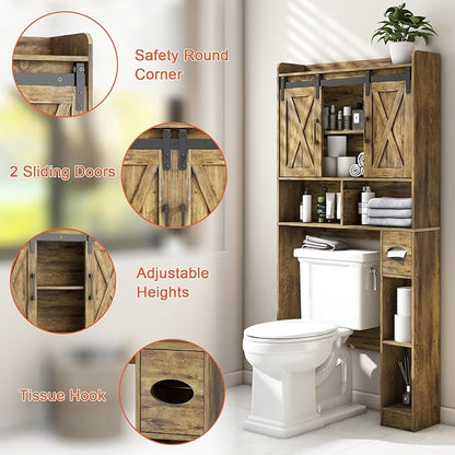 Vabches Over The Toilet Storage Cabinet, Farmhouse Storage Cabinet Over Toilet with Sliding Doors & Toilet Paper Holder Stand，Home Space-Saving Toilet Rack, for Bathroom, Restroom, Laundry