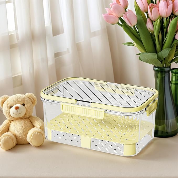 JINGYAN 1-Piece Yellow Plastic Food Storage Container | Refrigerator Storage Container | Stackable, Detachable Drain Rack Handheld, Snap Cap Transparent Fruit and Vegetable Container