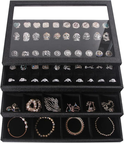 Julysky 4 Pcs/set Stackable Jewelry Organizer Trays with Glass Lid,100 Slots Ring Holder,Bracelet Displays Stand for Selling Necklace Earring Rack
