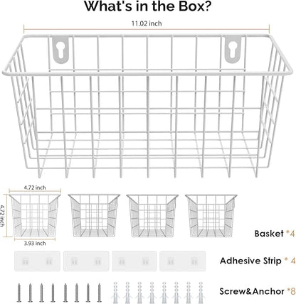 MaraFansie Hanging Wire Baskets Kitchen Storage Basket Adhesive and Screws Basket Over the Cabinet Door Organizer with Adhesive Strips and Screws Accessories, White, 4 Pack