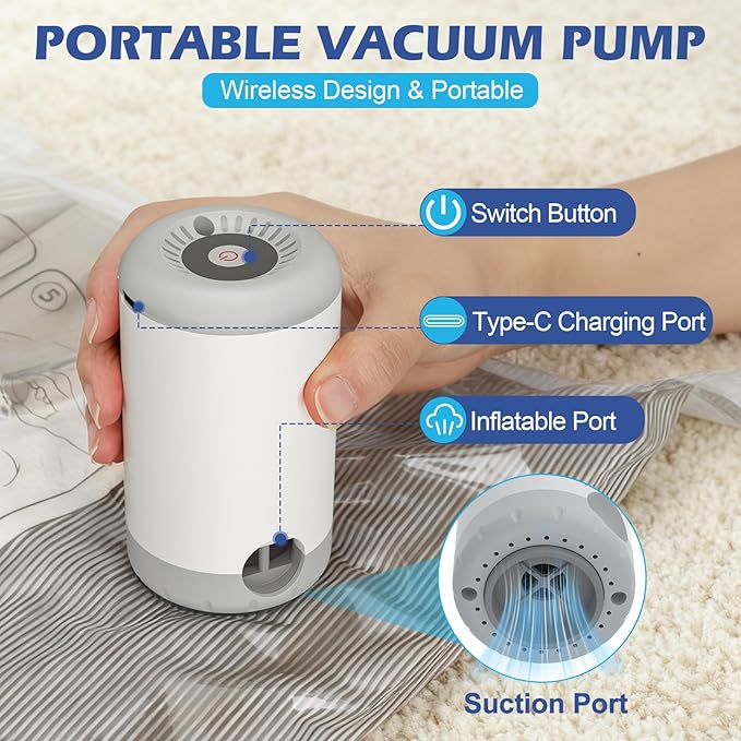 Fantictas Travel Vacuum Storage Bags with Rechargeable Air Pump, 12 Pack Portable Space Saver Bags, Compression Bags for Clothing, Bedding, Seasonal Storage & Packing Bags for Moving