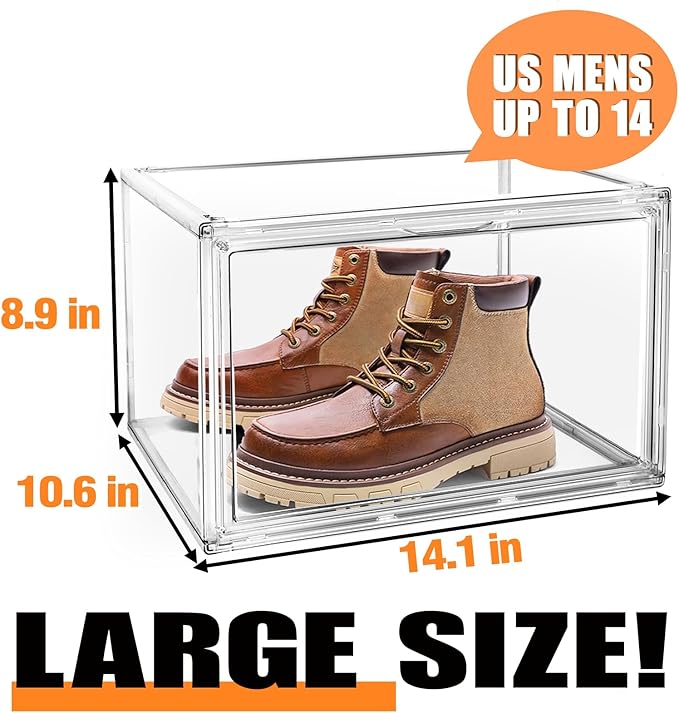 EDS FAM Size 14 Large Clear Shoe Storage Boxes Stackable, Acrylic Shoe Boxes Sneaker Display Case for Sneakerheads Boot Handbag Purse Figure Collectibles Showcase, 1 Pack