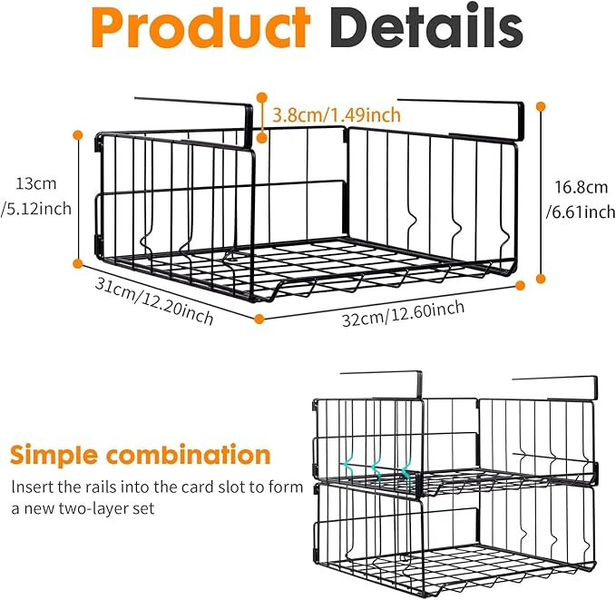Hanging Under Shelf Storage Basket, 2 Pack Foldable Under Cabinet Metal Desk Storage Wire Rack Organizer for Kitchen Pantry Bookshelf Office Home, Easy to Install Slide-in Under Shelves (Black)