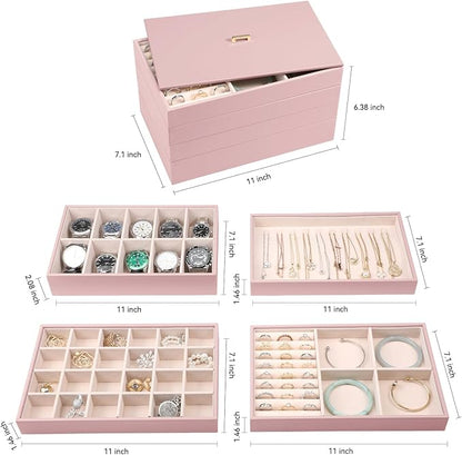 Voova Stackable Jewelry Organizer Tray with Lid, PU Leather Jewelry Storage Holder for Drawer Inserts, Jewellery Display Box Case for Earring Necklace Ring Watch Bracelet (Set of 4, Rose Gold)