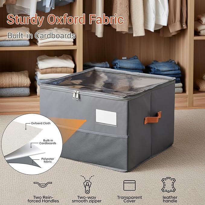 Chewlish Shoe Organizer for Closet, Foldable Shoe Storage Organizer Containers with Clear Cover, Space Saving Shoes Holder with Handles, Gray (1, Large)
