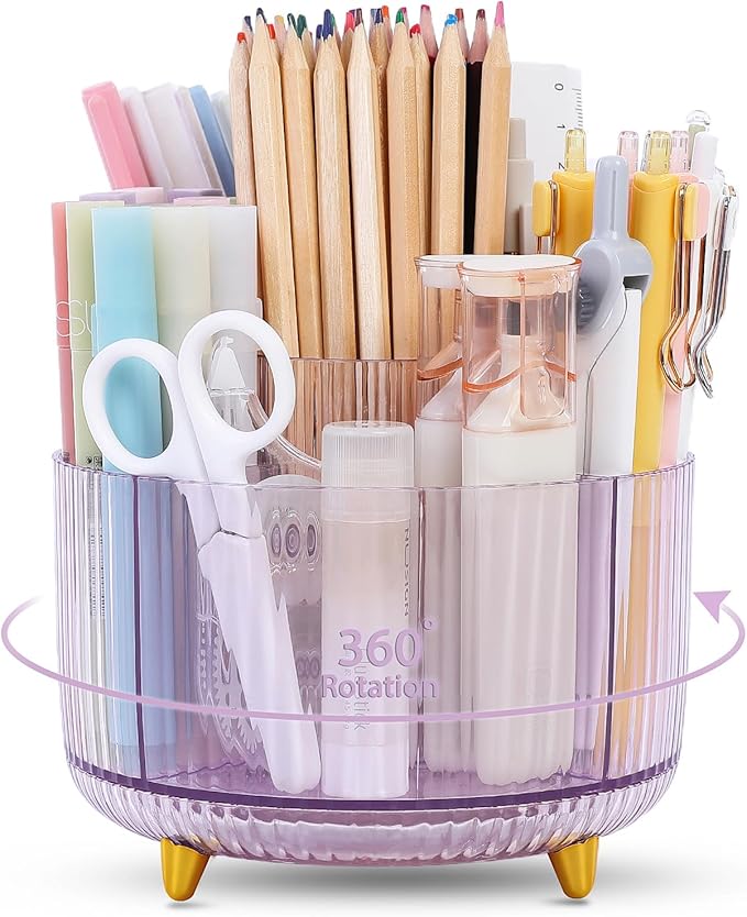 SKYDUE Rotating Pencil Pen Holder, Pen Organizer with 5 Slots - Aesthetic Desk Organizer and Accessories for School, Home, Office Supplies