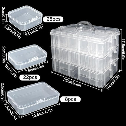 Guyuyii Bead Organizers and Storage with Labels and Handle - 58 Pcs Small Plastic Bins with Lids and 3-Tier Stackable Clear Bead Storage for Diamond Painting, Seed Beading & Jewelry Making (3 Sizes)