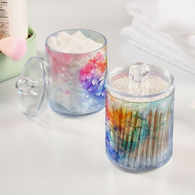 MNSRUU 2 Pack Qtip Holder Organizer Dispenser Pink Hearts Bathroom Storage Canister Cotton Ball Holder Bathroom Containers for Cotton Swabs/Pads/Floss