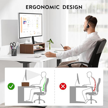 BONTEC Wooden Monitor Stand Riser, 2-Tier Desk Shelf with Storage Organizer, Ergonomic Computer Stand with Cable Management, Cellphone Holder, Walnut, 16.5 Inch