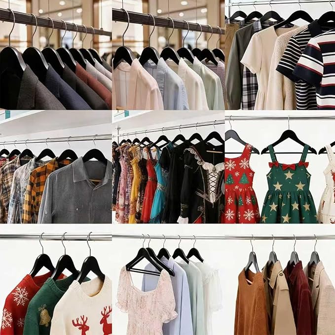 Black Wooden Coat Hangers, Durability Wood Suit Hangers with Non Slip Pant Bar, Solid Wooden Clothes Hangers with Wide Shoulder Design for Shirts, Jackets, Dress, Pants, Sweaters, 30 Pack