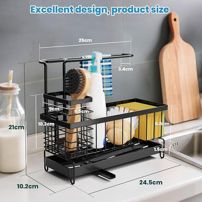 Kitchen Sink Caddy, Sponge Holder with Towel Holder, Kitchen Holder for Sink with 360 Degree Rotating Drain, Carbon Steel Rustproof, Kitchen Sink Caddy Sponge Holder for Gadgets and Decor