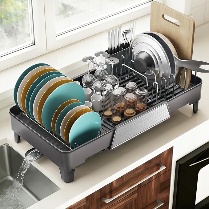 FOXHIVE Large Expandable Dish Drying Rack, Dish Racks for Kitchen Counter, Space Saving & Rust Resistant Dish Drainer with Removable Drainboard & Utensil Holder, Adjustable Length 16.4 to 24.4 Inches