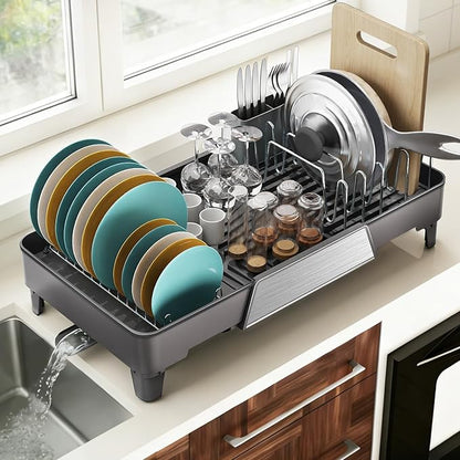 FOXHIVE Large Expandable Dish Drying Rack, Dish Racks for Kitchen Counter, Space Saving & Rust Resistant Dish Drainer with Removable Drainboard & Utensil Holder, Adjustable Length 16.4 to 24.4 Inches